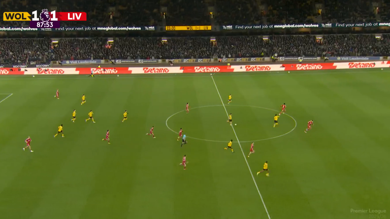 Wolves running at the Liverpool defence in a five-on-three situation late in the game